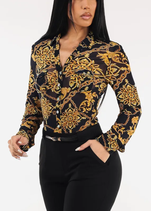 Long Sleeve Button Up Printed Mesh Blouse Navy sold by Moda