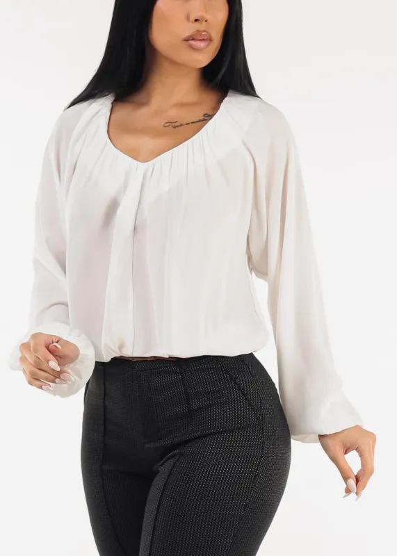 Long Sleeve White Pleated Blouse sold by Moda