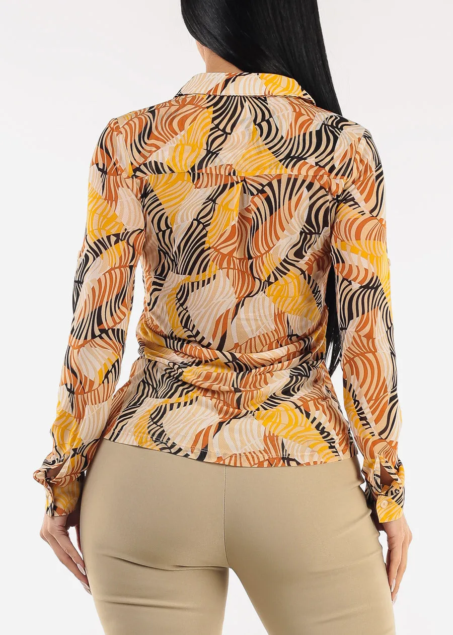 Long Sleeve Button Up Printed Mesh Blouse Mustard sold by Moda product image thumbnail 4