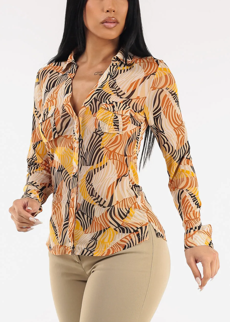 Long Sleeve Button Up Printed Mesh Blouse Mustard sold by Moda