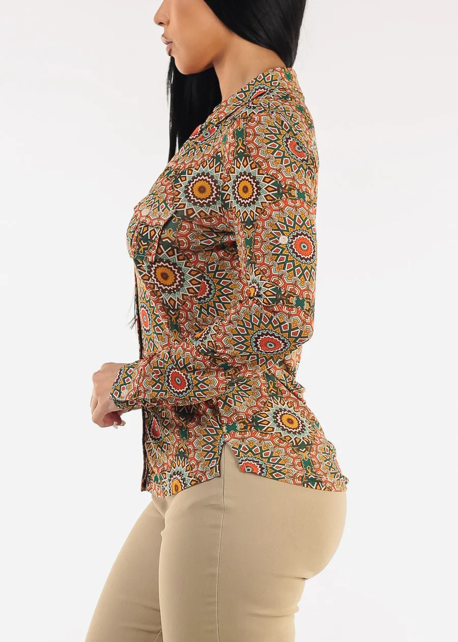 Long Sleeve Button Up Printed Mesh Blouse Green sold by Moda product image thumbnail 3