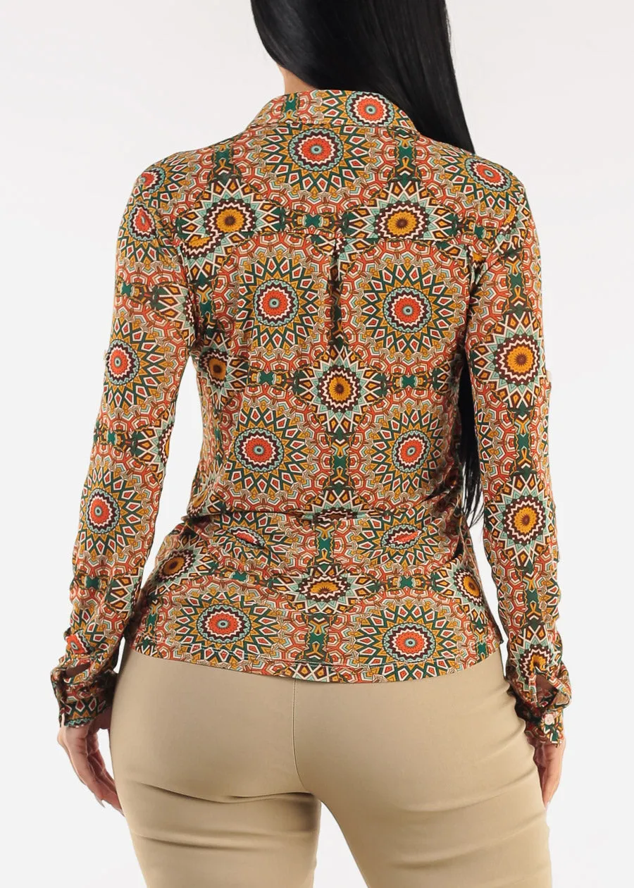 Long Sleeve Button Up Printed Mesh Blouse Green sold by Moda product image thumbnail 4