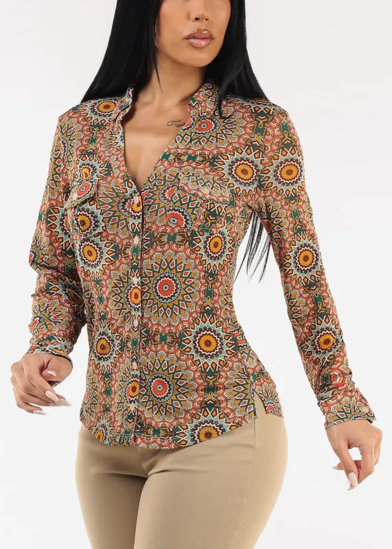 Long Sleeve Button Up Printed Mesh Blouse Green sold by Moda