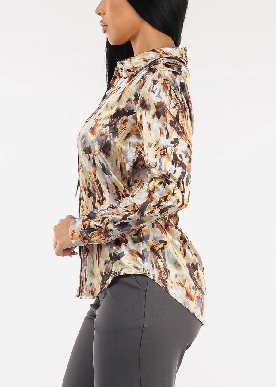 Long Sleeve Button Down Satin Printed Blouse Gold sold by Moda product image thumbnail 3