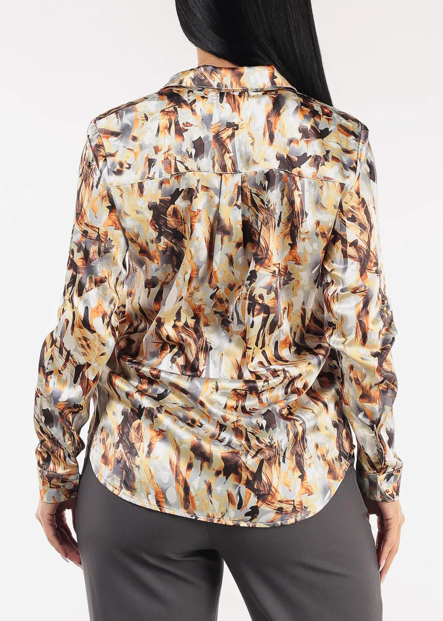 Long Sleeve Button Down Satin Printed Blouse Gold sold by Moda product image thumbnail 4