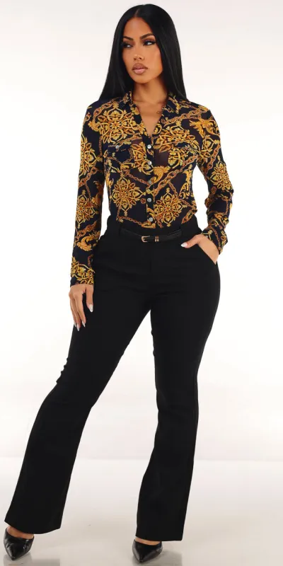 Printed Mesh Bootcut Pants Outfit sold by Moda