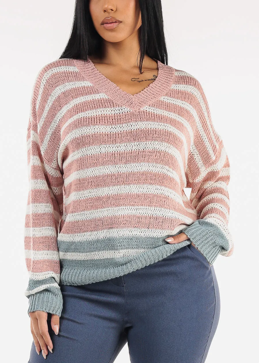 Long Sleeve Vneck Stripe Sweater Pink sold by Moda