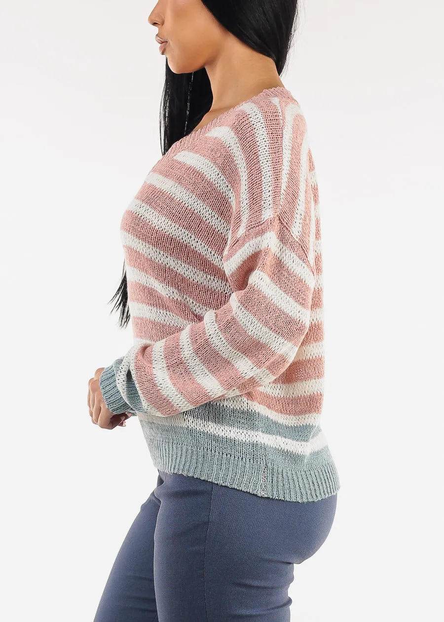Long Sleeve Vneck Stripe Sweater Pink sold by Moda product image thumbnail 3