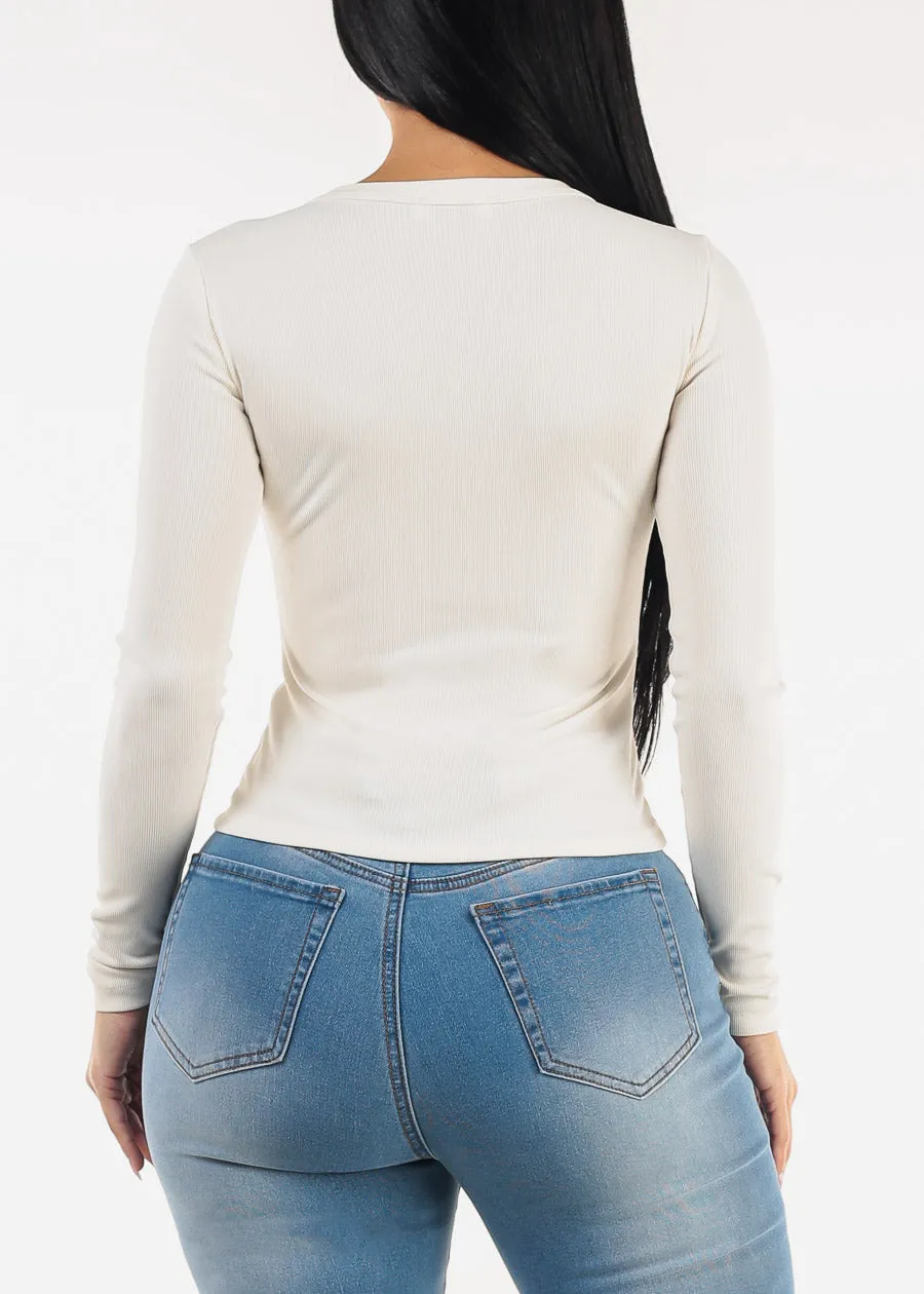 Long Sleeve Half Button Up Stretch Ribbed Top Ivory sold by Moda product image thumbnail 5