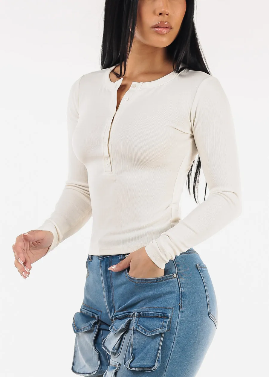 Long Sleeve Half Button Up Stretch Ribbed Top Ivory sold by Moda