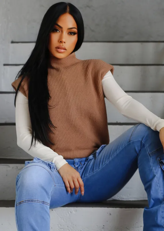 Sleeveless Mock Neck Knitted Sweater Brown sold by Moda