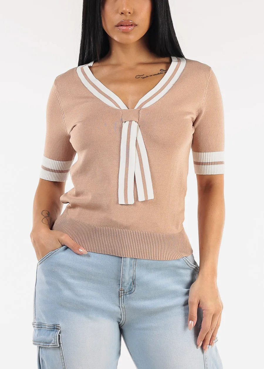 Short Sleeve Vneck Sweater Top Mocha w Tie detail sold by Moda product image thumbnail 5
