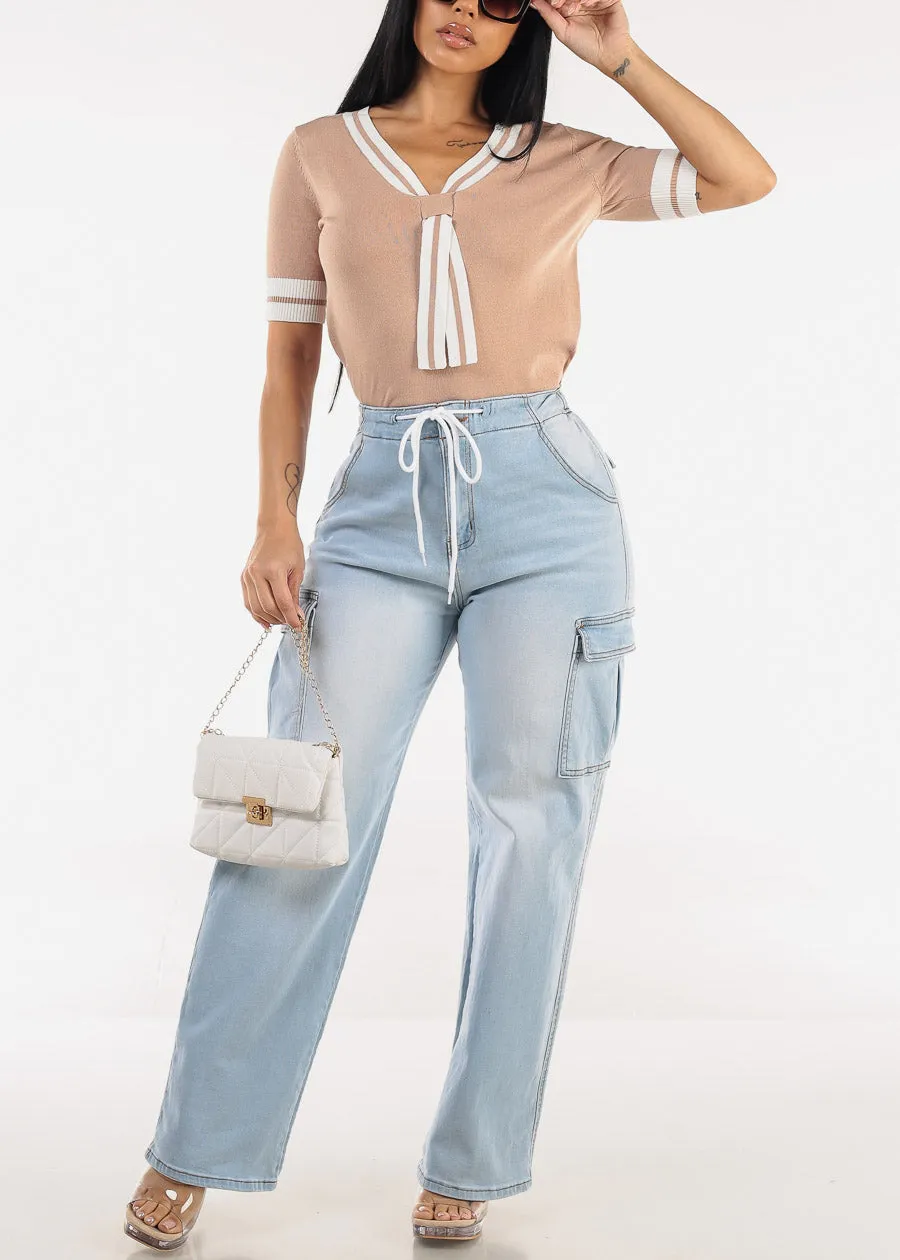 Short Sleeve Vneck Sweater Top Mocha w Tie detail sold by Moda product image thumbnail 2