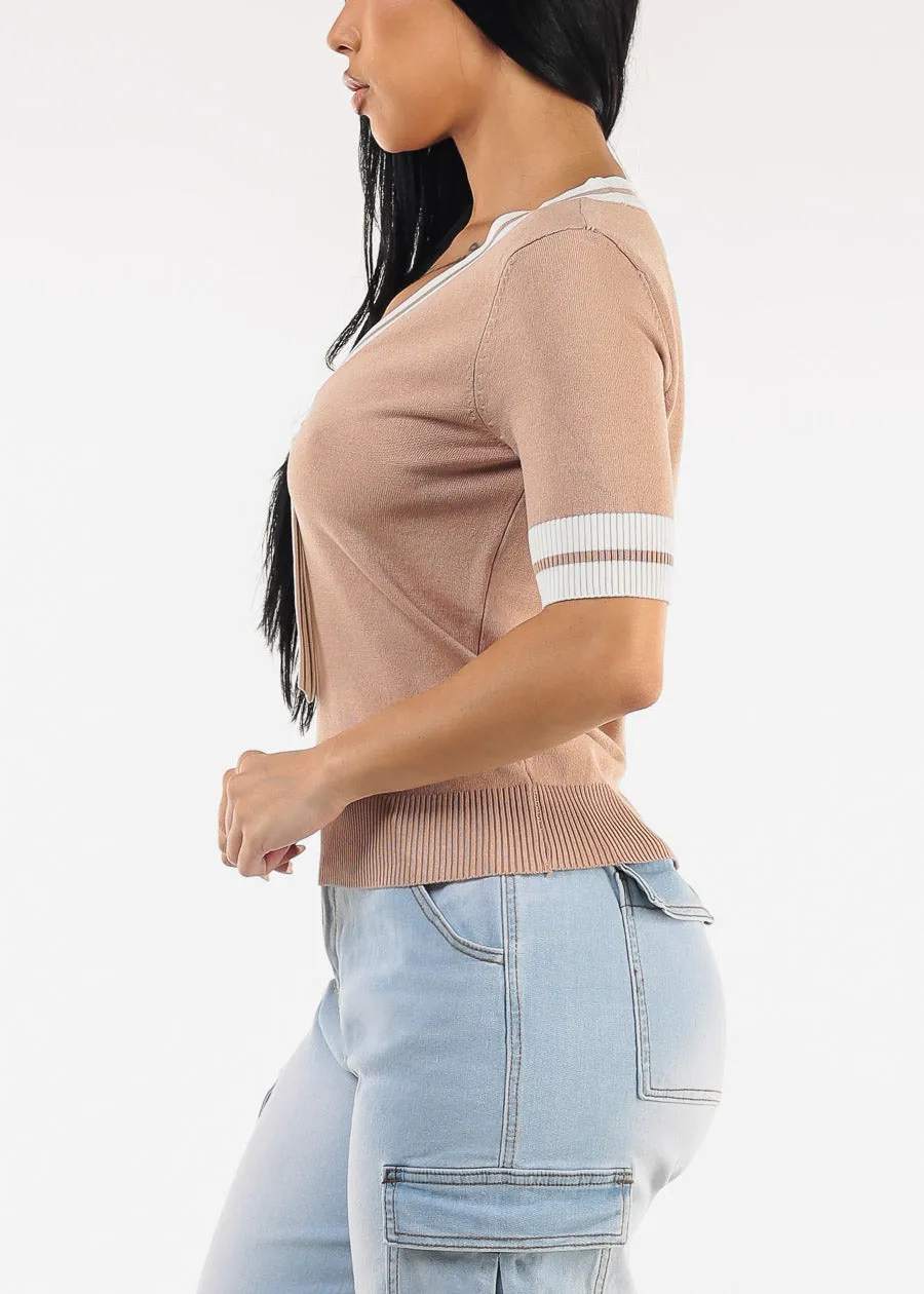 Short Sleeve Vneck Sweater Top Mocha w Tie detail sold by Moda product image thumbnail 3