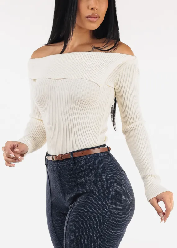 Asymmetrical Neckline Long Sleeve Stretch Sweater Ivory sold by Moda