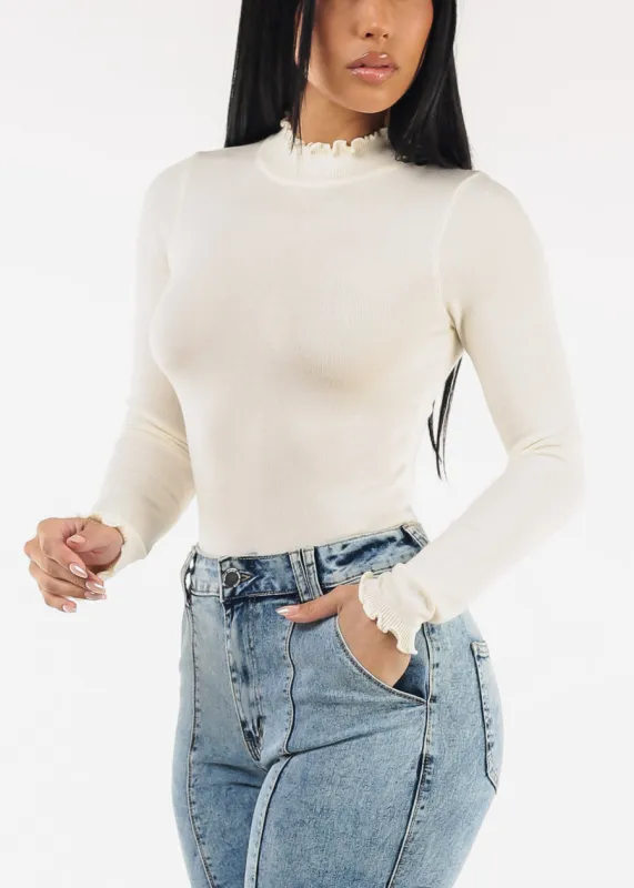 Long Sleeve Mock Neck Stretch Sweater Top Cream sold by Moda