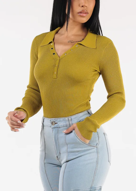 Long Sleeve Collared Rib Knit Sweater Top Kiwi Olive sold by Moda