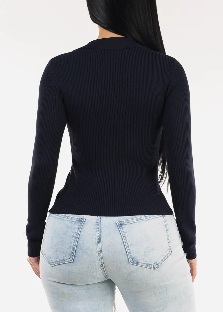 Long Sleeve Collared Rib Knit Sweater Top Navy sold by Moda product image thumbnail 4