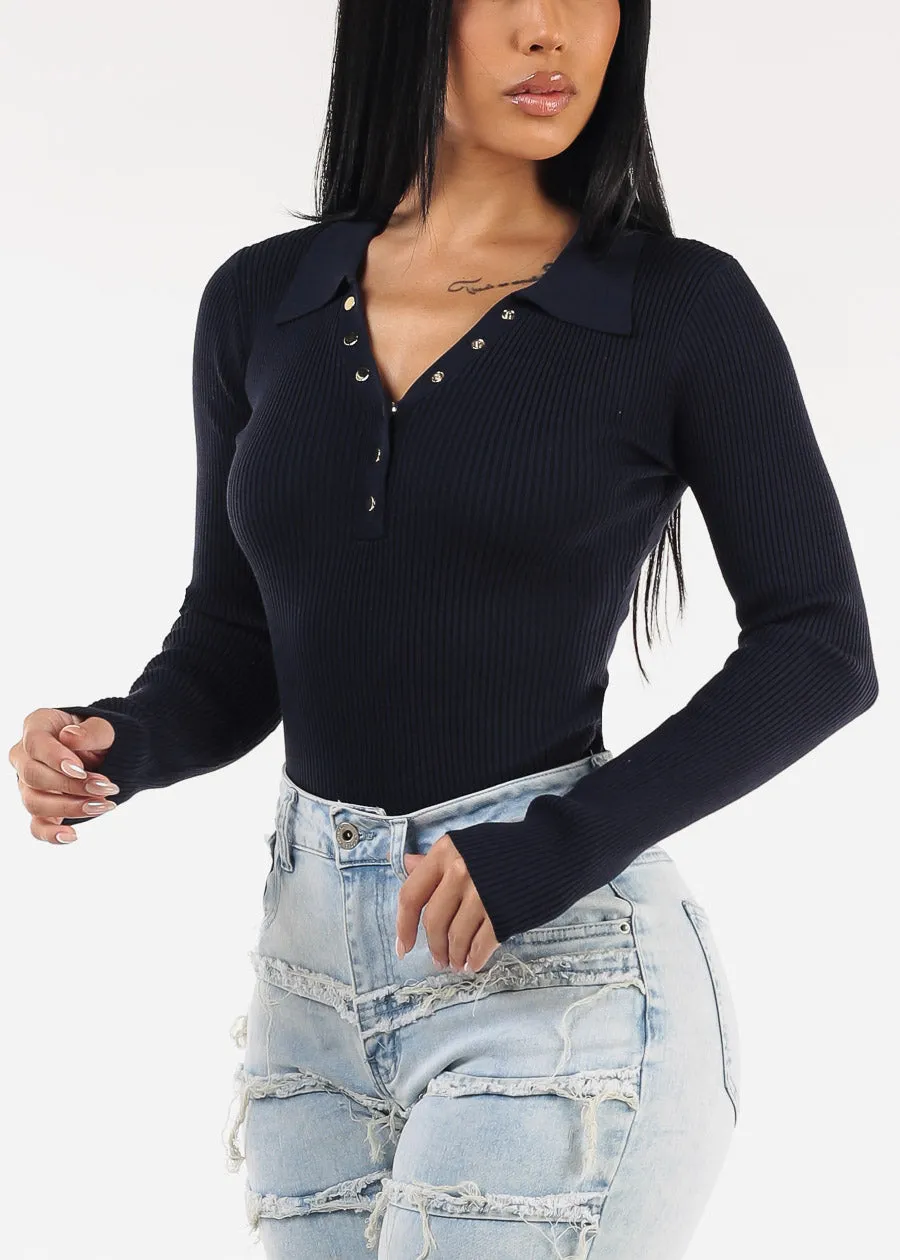 Long Sleeve Collared Rib Knit Sweater Top Navy sold by Moda