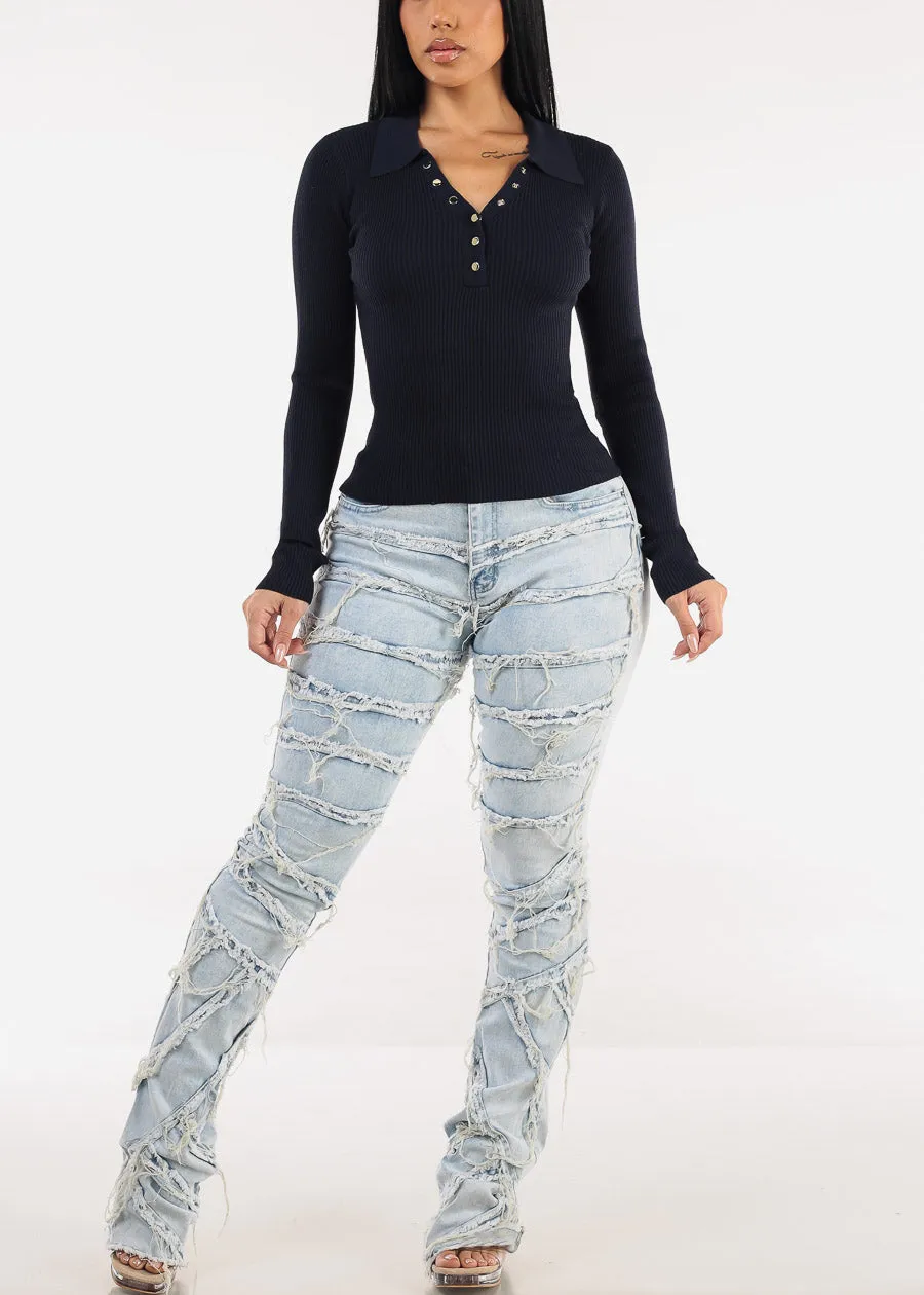 Long Sleeve Collared Rib Knit Sweater Top Navy sold by Moda product image thumbnail 2