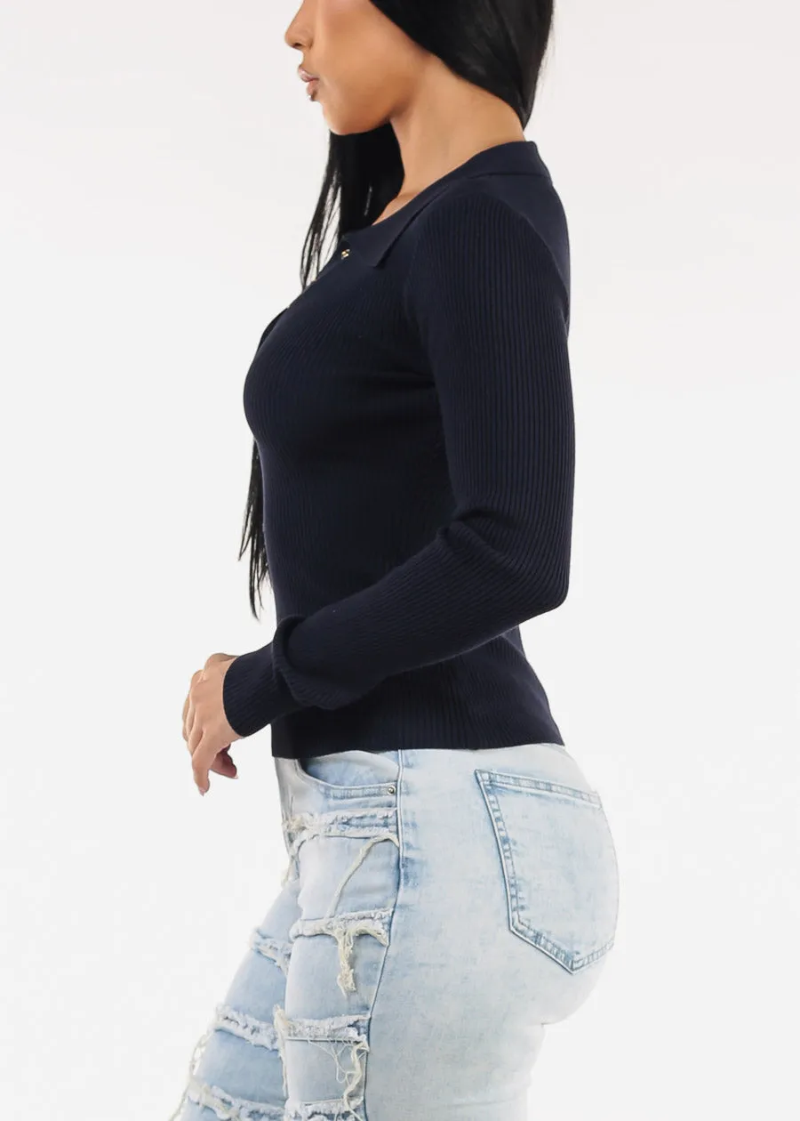 Long Sleeve Collared Rib Knit Sweater Top Navy sold by Moda product image thumbnail 3