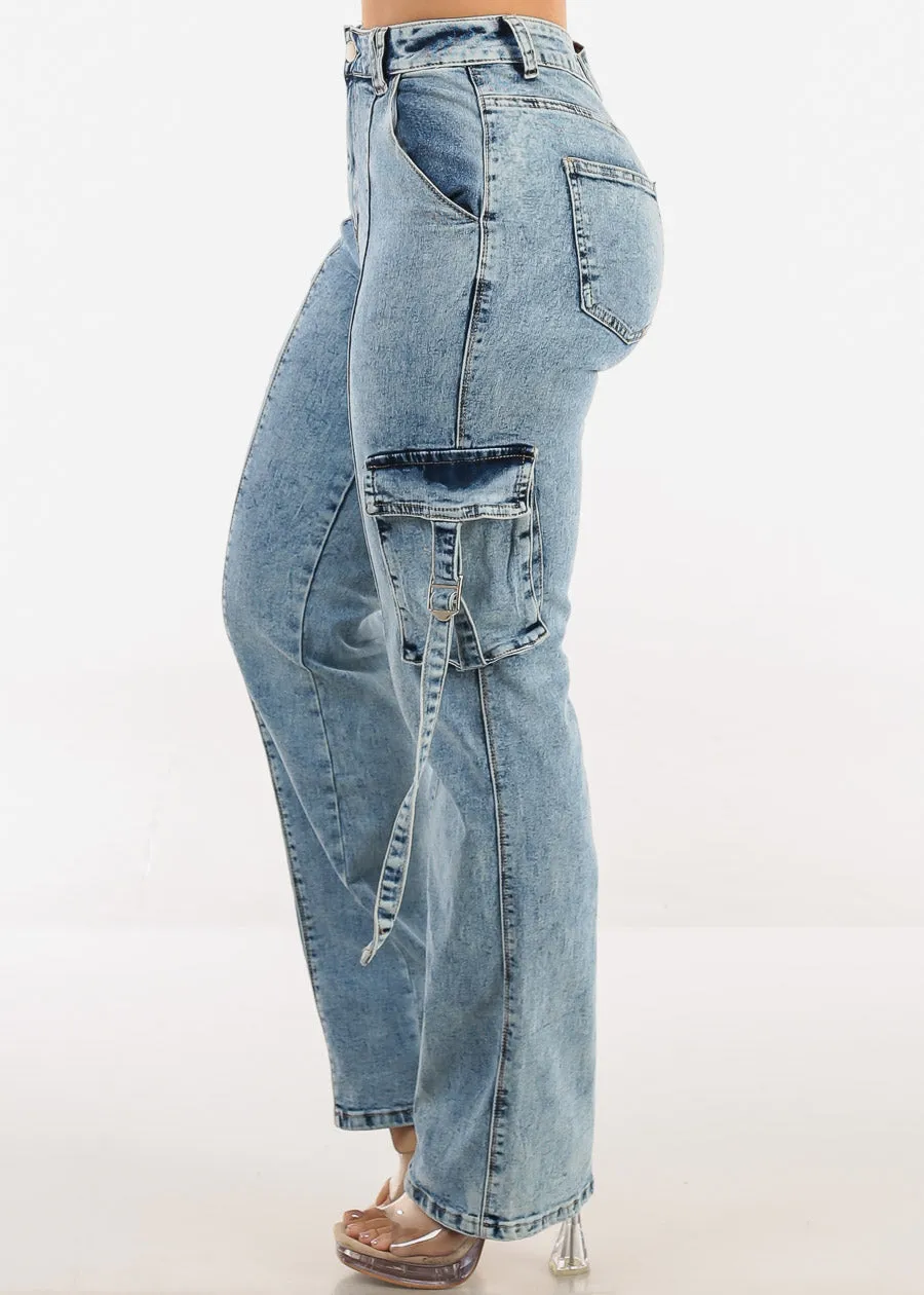 Super High Waisted Stretch Wide Leg Cargo Jeans Acid Wash sold by Moda product image thumbnail 3