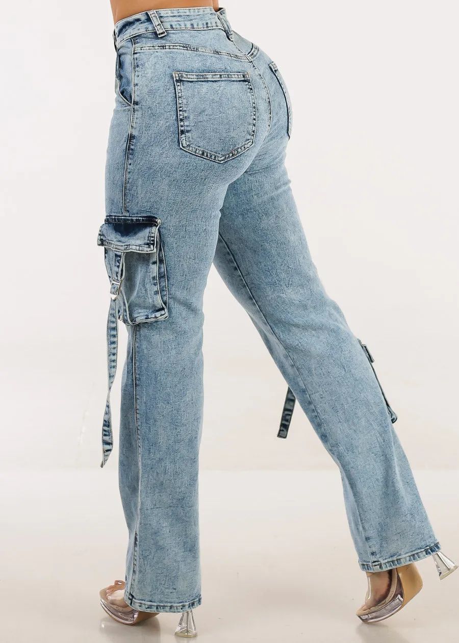 Super High Waisted Stretch Wide Leg Cargo Jeans Acid Wash sold by Moda product image thumbnail 4
