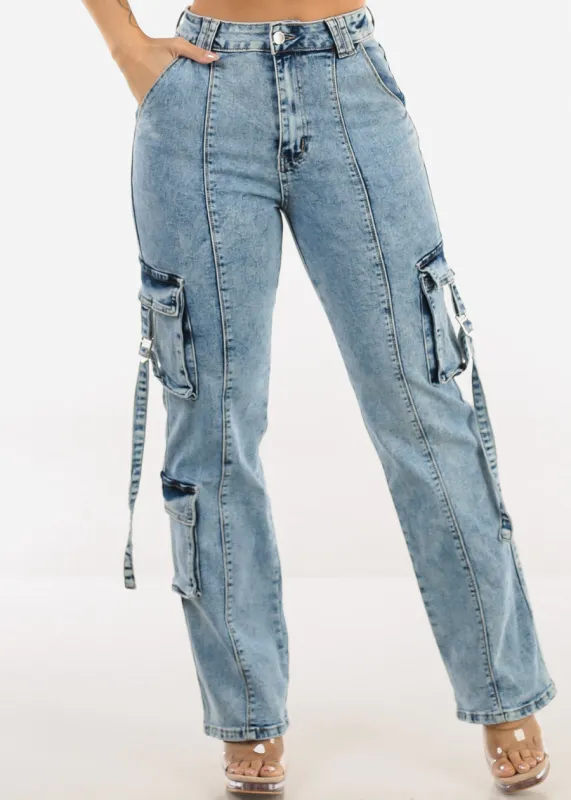 Super High Waisted Stretch Wide Leg Cargo Jeans Acid Wash sold by Moda