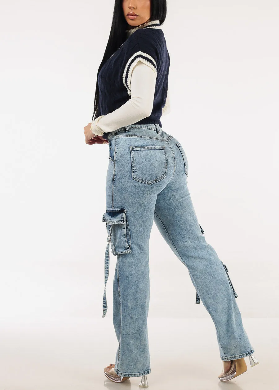 Super High Waisted Stretch Wide Leg Cargo Jeans Acid Wash sold by Moda product image thumbnail 5