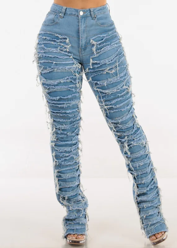 High Waist Ultra Distressed Stacked Leg Jeans Blue sold by Moda