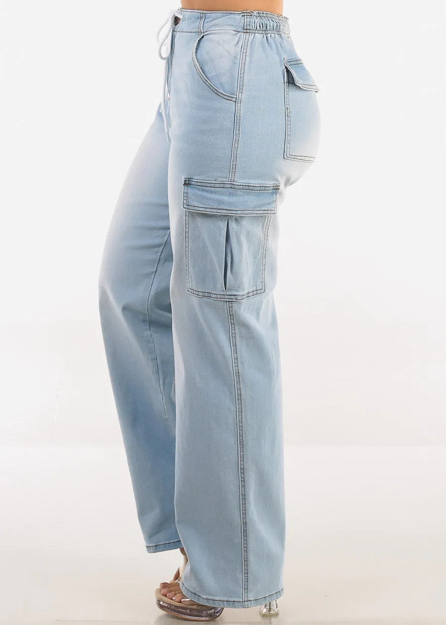 Super High Waist Stretch Wide Leg Cargo Jeans Light Wash sold by Moda product image thumbnail 3