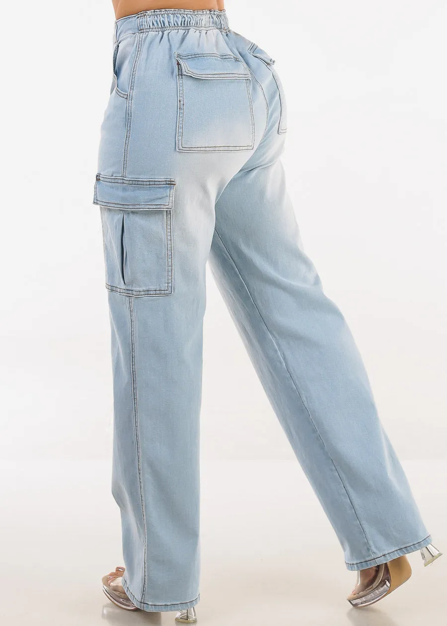 Super High Waist Stretch Wide Leg Cargo Jeans Light Wash sold by Moda product image thumbnail 4