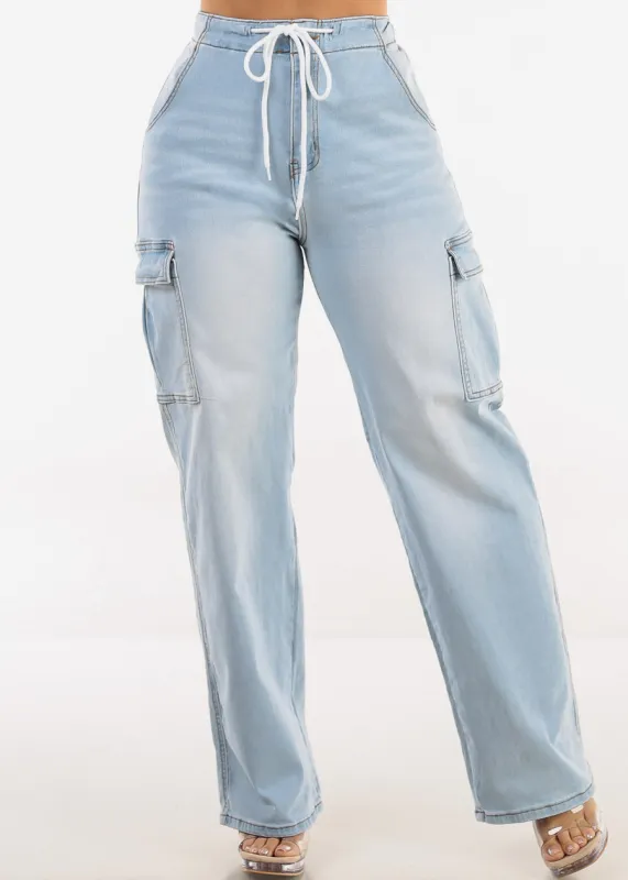 Super High Waist Stretch Wide Leg Cargo Jeans Light Wash sold by Moda