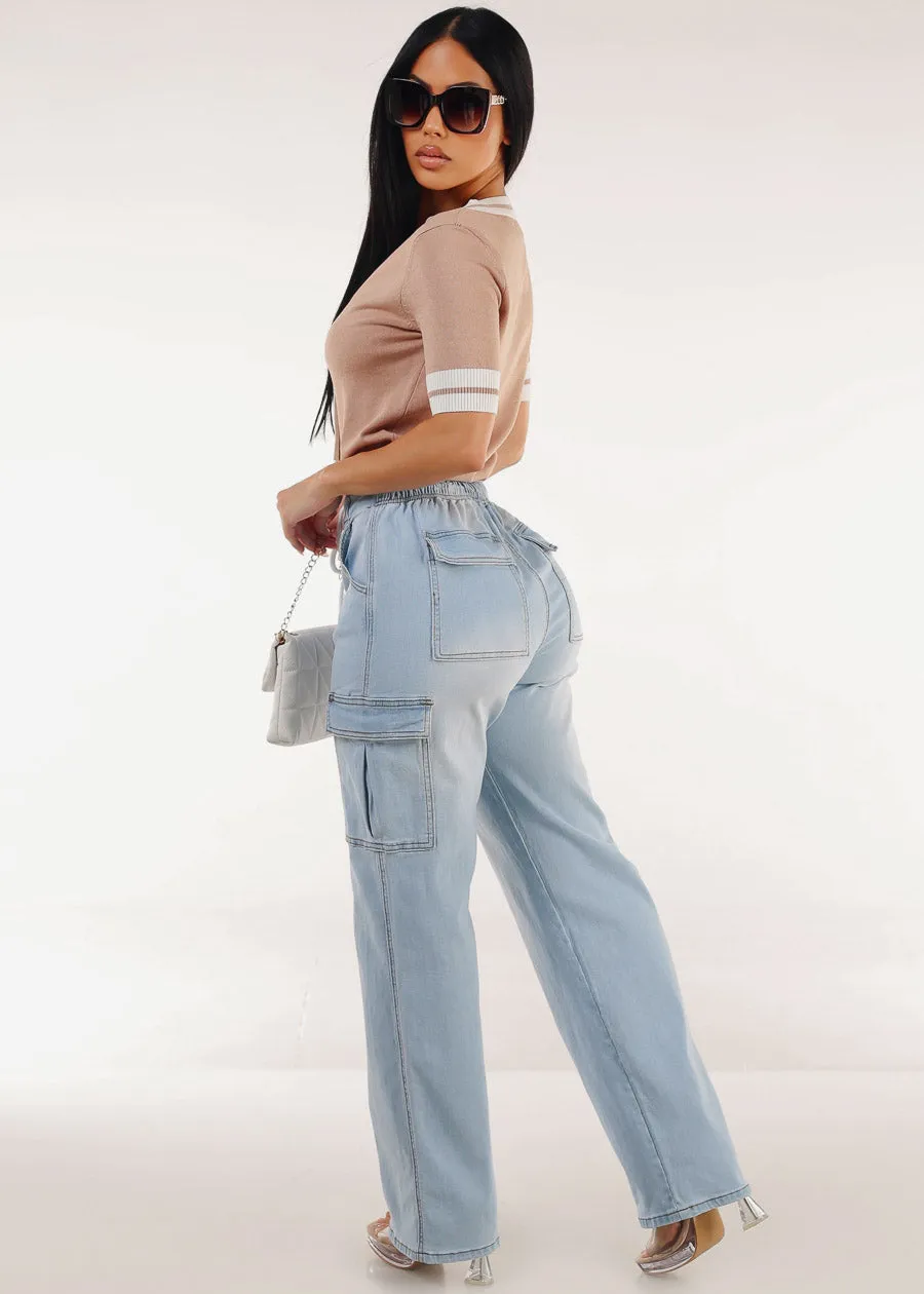 Super High Waist Stretch Wide Leg Cargo Jeans Light Wash sold by Moda product image thumbnail 5