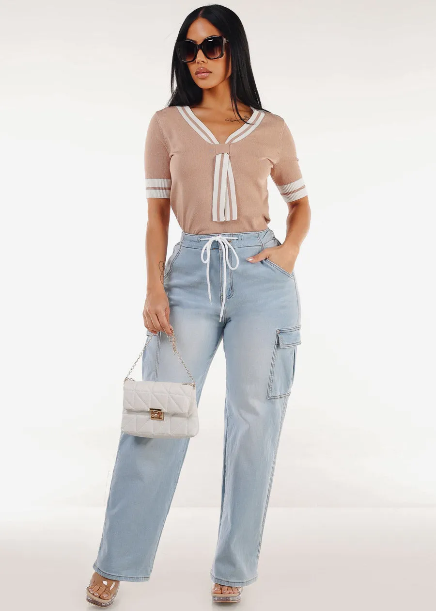 Super High Waist Stretch Wide Leg Cargo Jeans Light Wash sold by Moda product image thumbnail 2