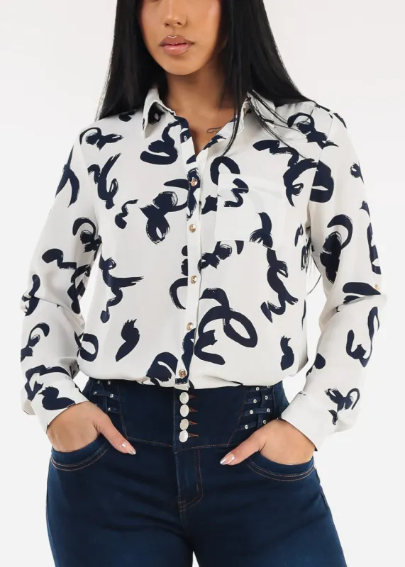 Long Sleeve Button Down Printed Blouse Ivory sold by Moda