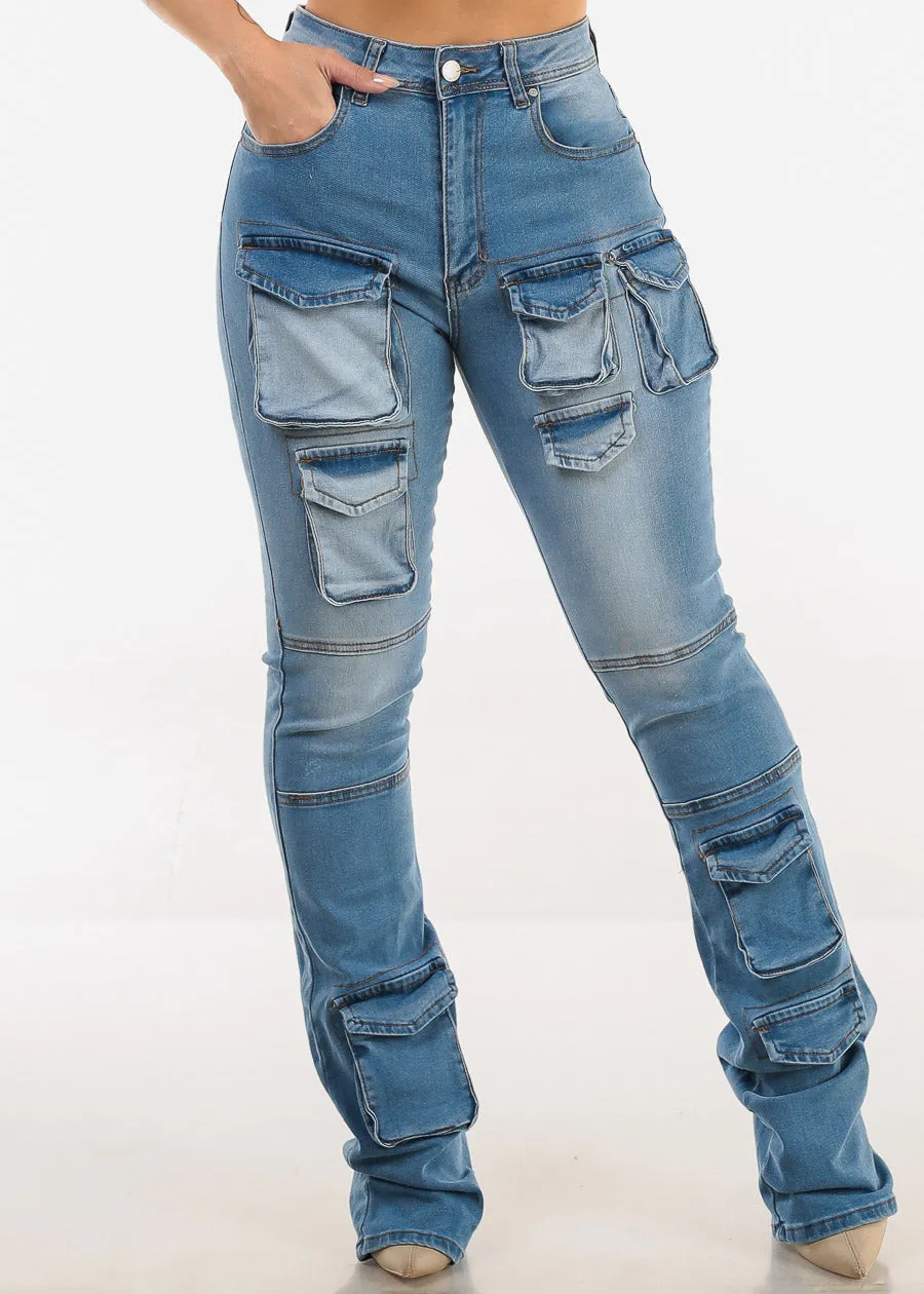 Stretchy Super High Waist Stacked Leg Cargo Jeans Med Blue sold by Moda