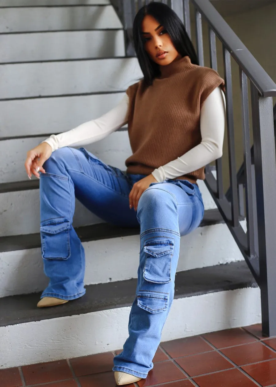 Stretchy Super High Waist Stacked Leg Cargo Jeans Med Blue sold by Moda product image thumbnail 2