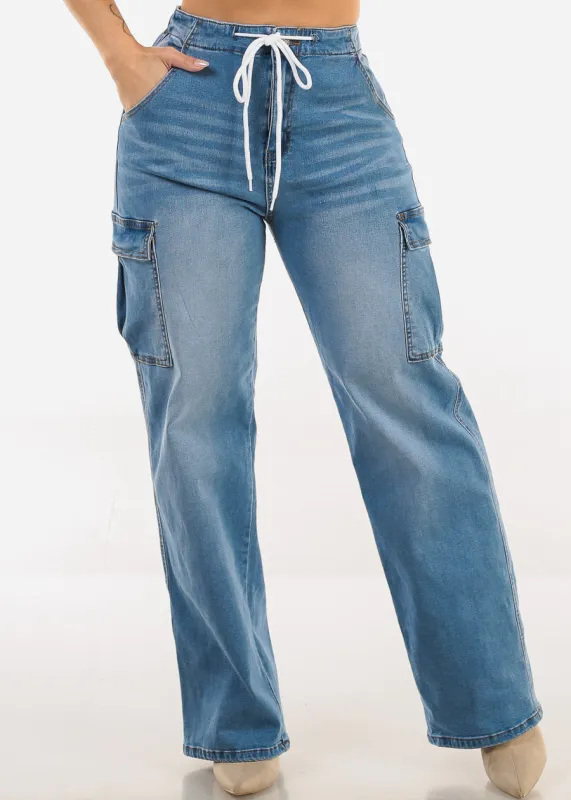 Super High Waist Stretch Wide Leg Cargo Jeans Med Blue sold by Moda