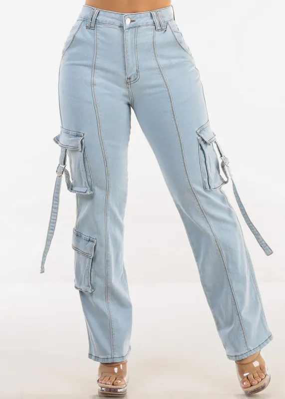 Super High Waisted Stretch Wide Leg Light Cargo Jeans sold by Moda