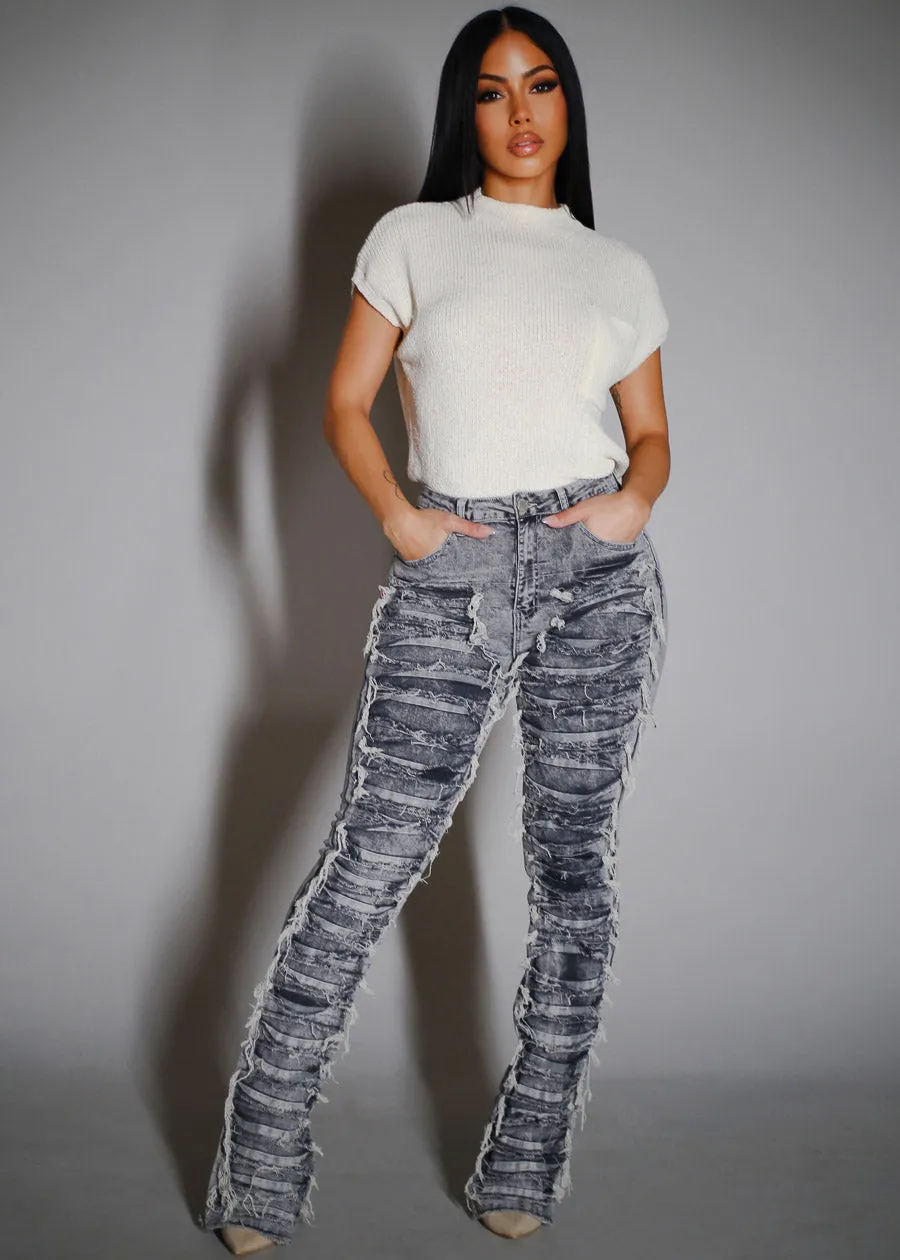 High Waist Ultra Distressed Stacked Leg Jeans Black Acid Wash sold by Moda product image thumbnail 2