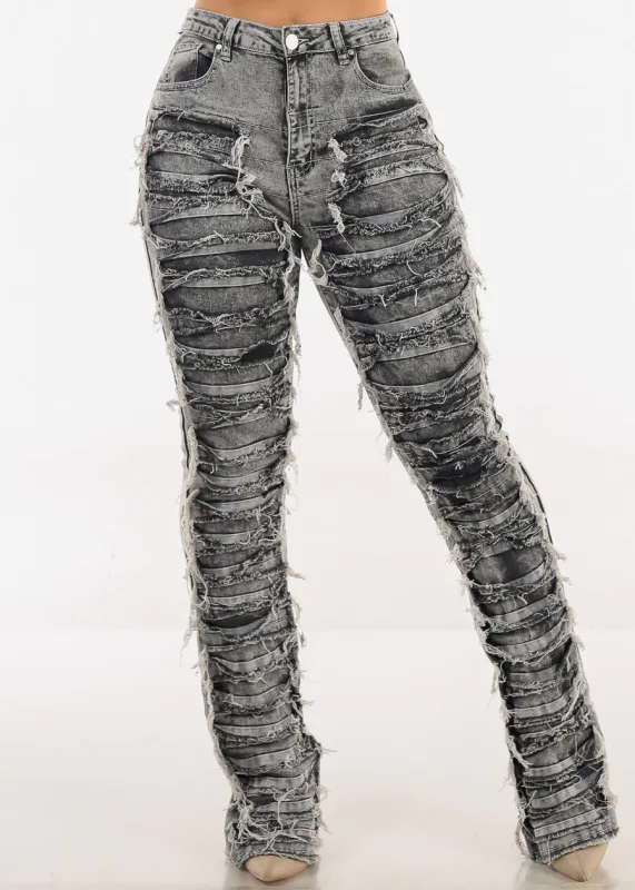 High Waist Ultra Distressed Stacked Leg Jeans Black Acid Wash sold by Moda