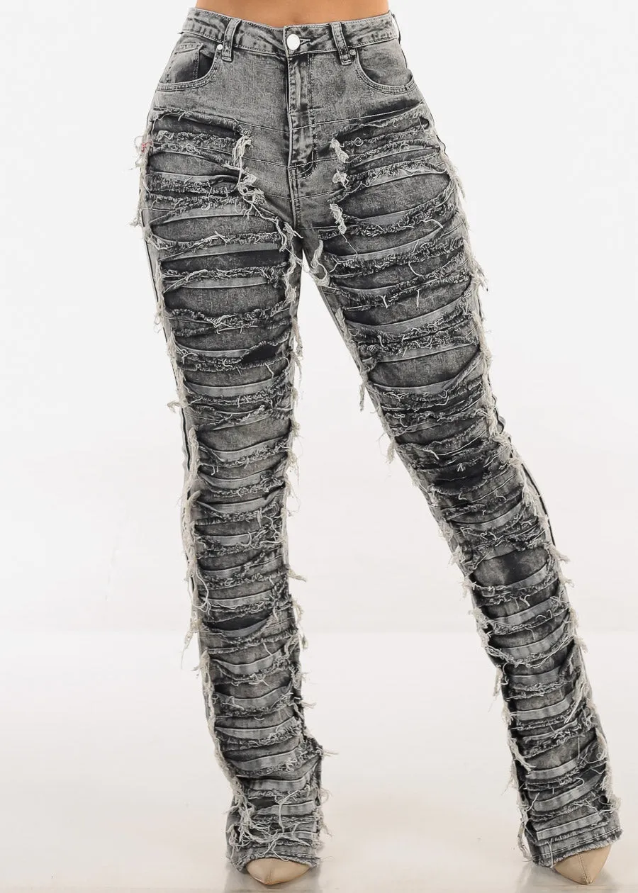 High Waist Ultra Distressed Stacked Leg Jeans Black Acid Wash sold by Moda