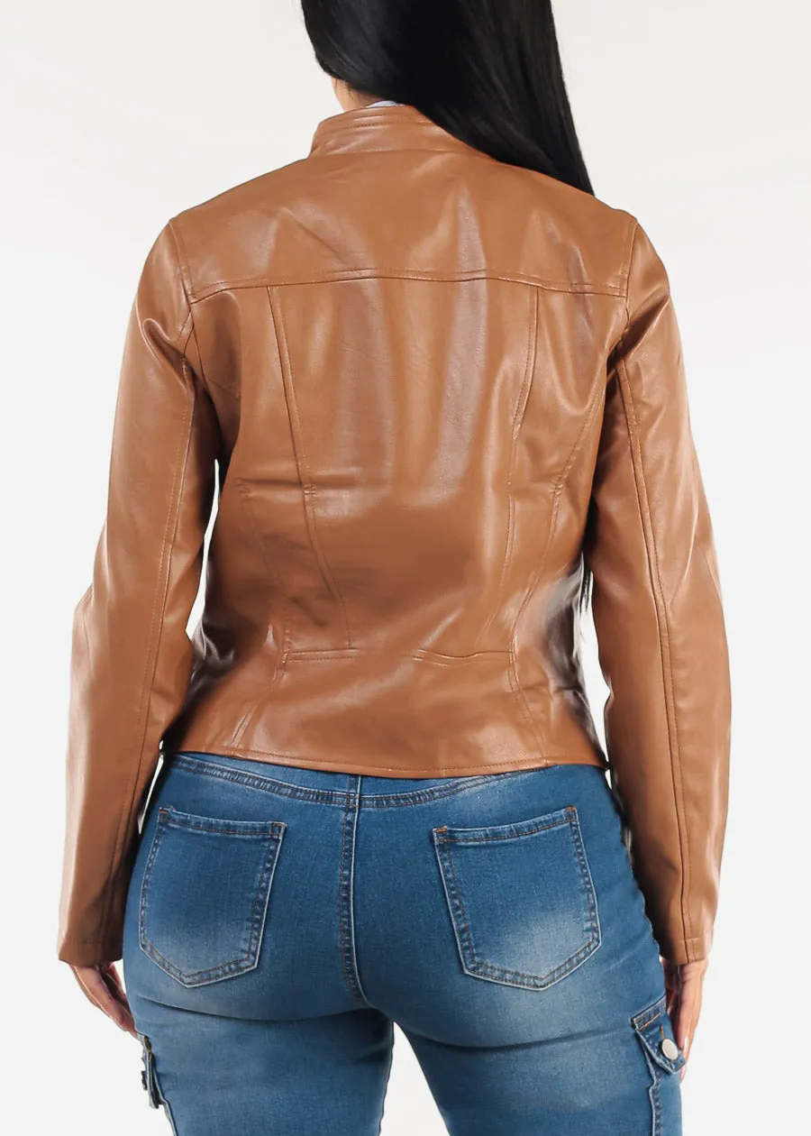 Zip Up Vegan Leather Moto Jacket Camel sold by Moda product image thumbnail 4