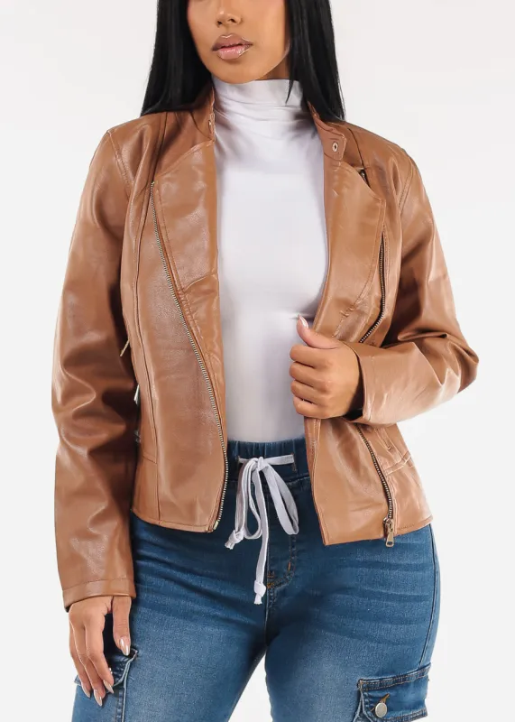 Zip Up Vegan Leather Moto Jacket Camel sold by Moda