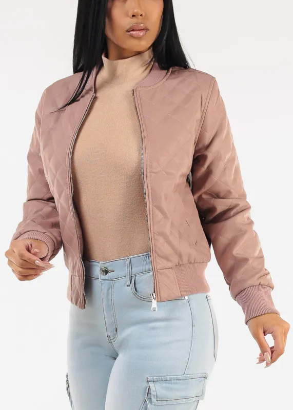 Quilted Vegan Leather Zip Up Jacket Dusty Pink sold by Moda