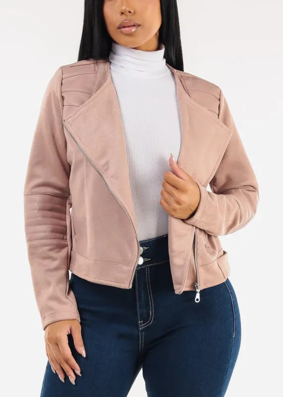 Zip Up Suede Biker Jacket Dusty Pink sold by Moda