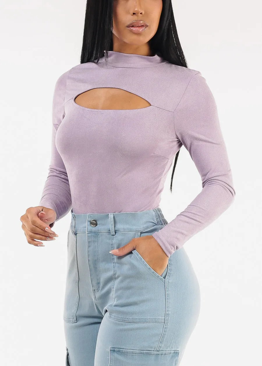 Mock Neck Cut Out Long Sleeve Suede Bodysuit Lavender sold by Moda product image thumbnail 5