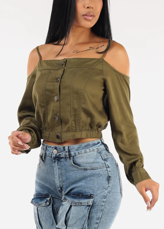 Cold Shoulder Button Up Blouse Olive sold by Moda