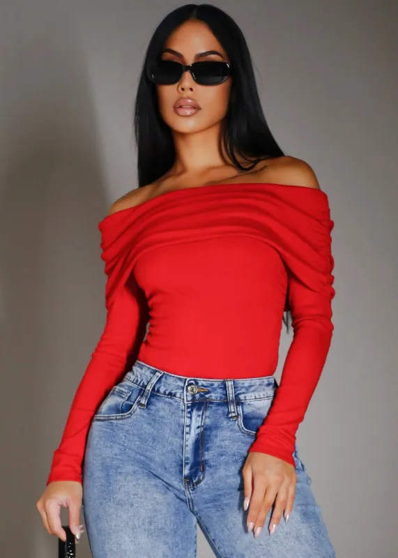 Ruched Off Shoulder Stretch Top Red sold by Moda